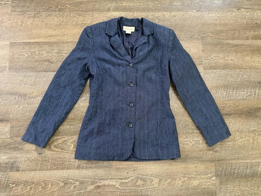 VTG Merona Womens Blazer Size S Navy 100% Linen Academia Preppy Career Office